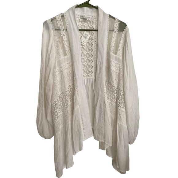 Neiman Marcus White Lace Embroidered Cardigan Cottagecore L Boho Balloon Sleeves - Picture 1 of 15